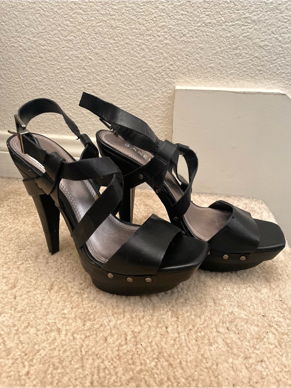 Vintage 90s Black Leather Strappy Platform High Heels